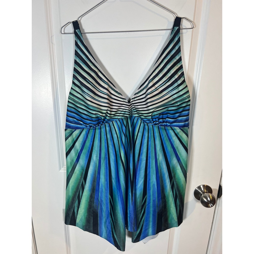 Denater Womens‎ Swim Tankini Top Geometric Sunburst Print Blue Green 3X